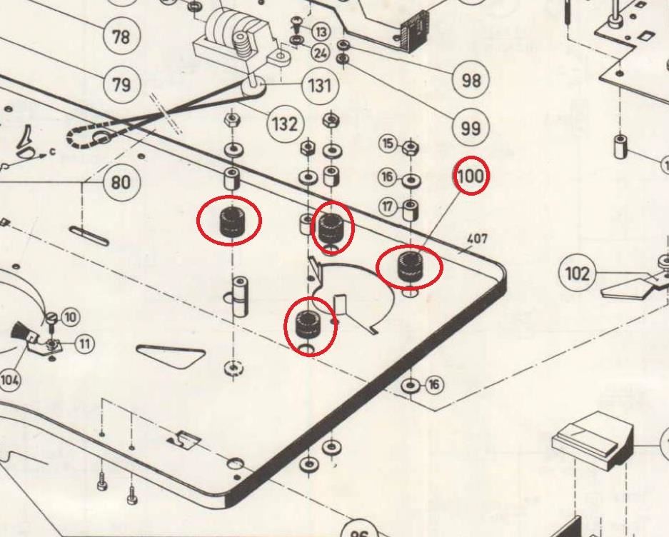 Jeu de 4 silentblocs moteur et châssis pour magnétophone à bandes Philips N4307